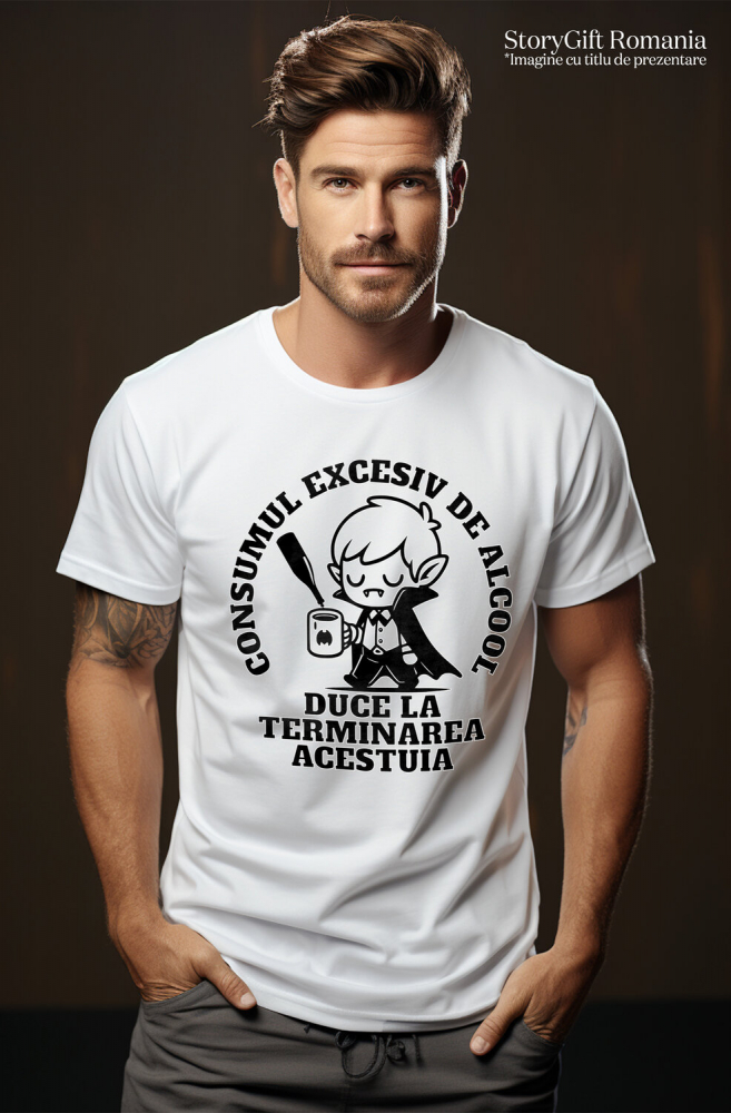 Tricou Femei, Barbati, Copii, Fata, Baiat, Unisex Personalizat Cana Amuzantă cu Vampir Haios – Mesaj despre Alcool și Energia Pierdută [2]