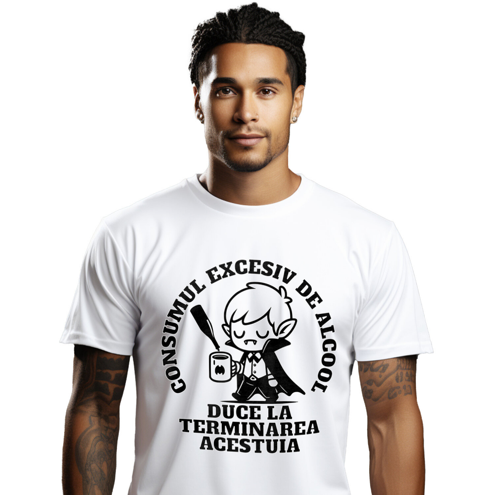 Tricou Femei, Barbati, Copii, Fata, Baiat, Unisex Personalizat Cana Amuzantă cu Vampir Haios – Mesaj despre Alcool și Energia Pierdută [1]