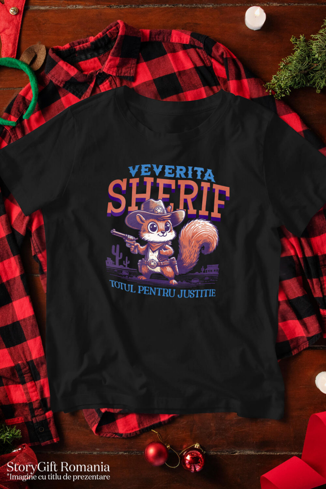 Tricou Femei, Barbati, Copii, Fata, Baiat, Unisex Personalizat Veveriță Justițiară cu Palarie și Pistol - Cadou Perfect pentru Copii și Familie [3]