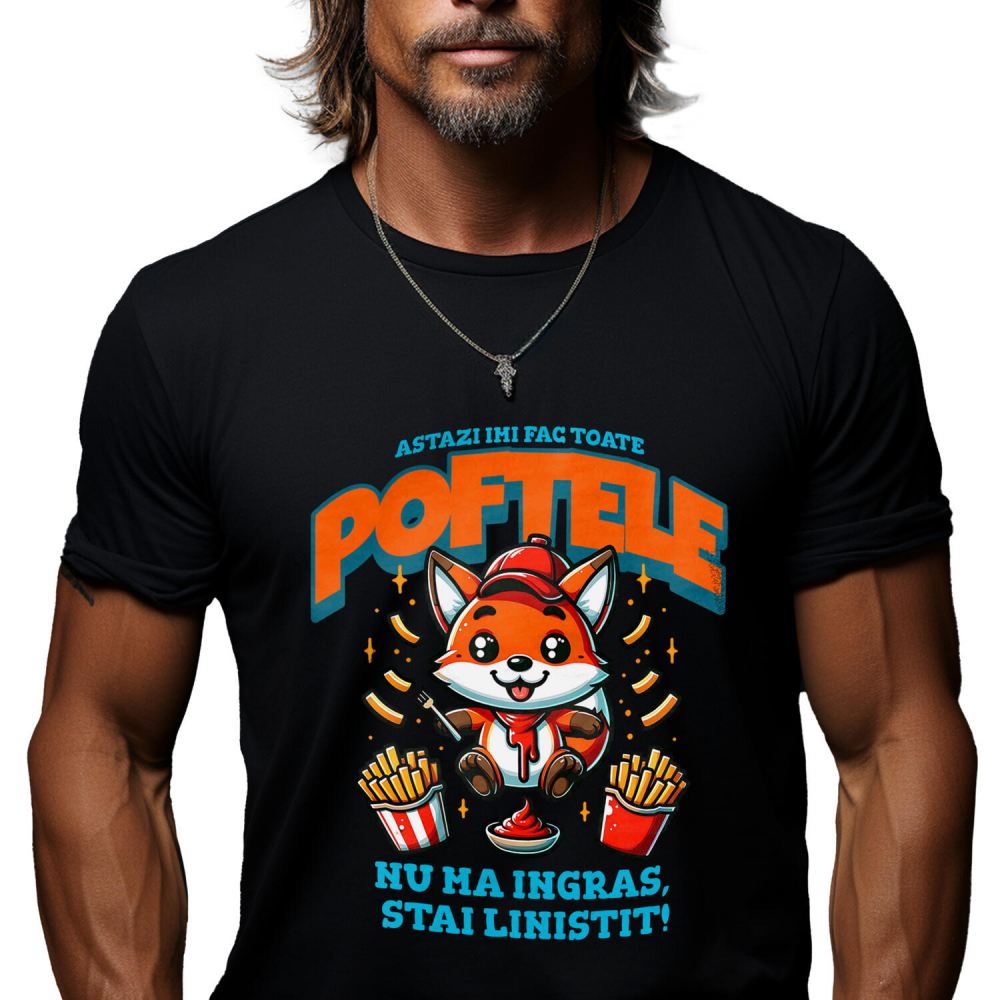 Tricou Femei, Barbati, Copii, Fata, Baiat, Unisex Personalizat Cadou personalizat cu vulpe și cartofi prăjiți | Perfect pentru copii și familie | „Astăzi îmi fac toate poftele” [1]
