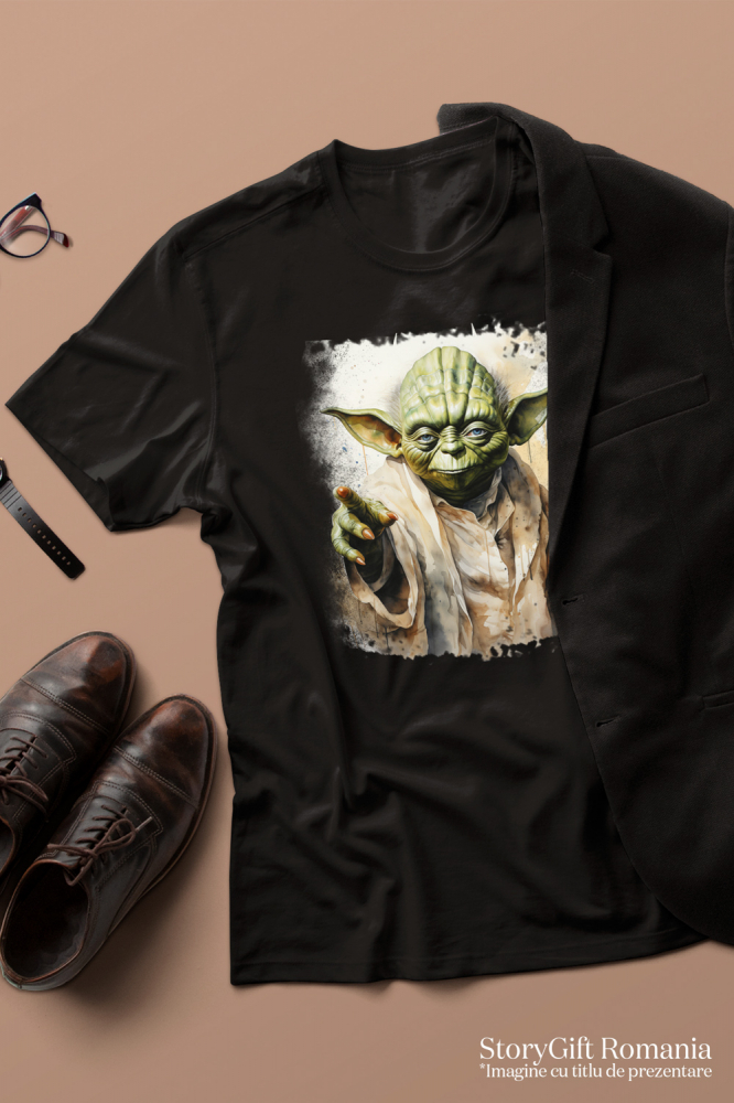 Tricou Barbati Cu Yoda, Star Wars, Personaj Fictiv, Sci Fi, Jedi,  cu imprimeu pe Fata, 100% Bumbac,  Negru, XL [2]