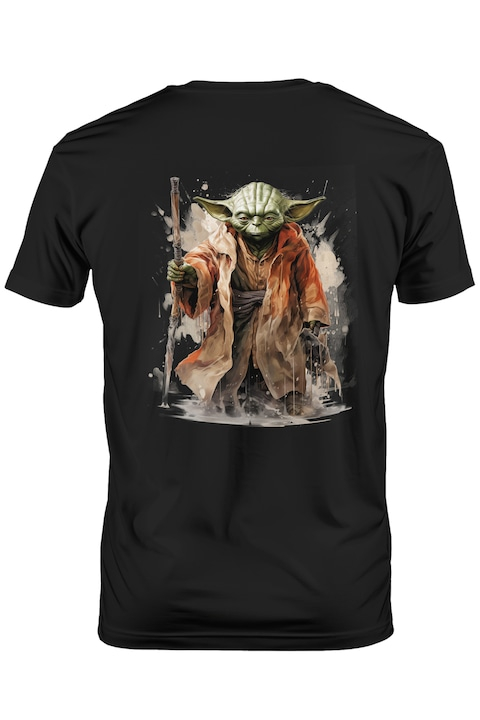 Tricou Barbati Cu Yoda, Toiag, Ploaie, Maestru, Jedi, Star Wars, cu imprimeu pe Spate, 100% Bumbac, Negru, M [1]