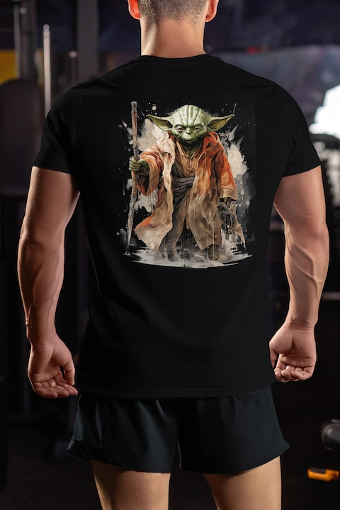 Tricou Barbati Cu Yoda, Toiag, Ploaie, Maestru, Jedi, Star Wars, cu imprimeu pe Spate, 100% Bumbac, Negru, M [2]
