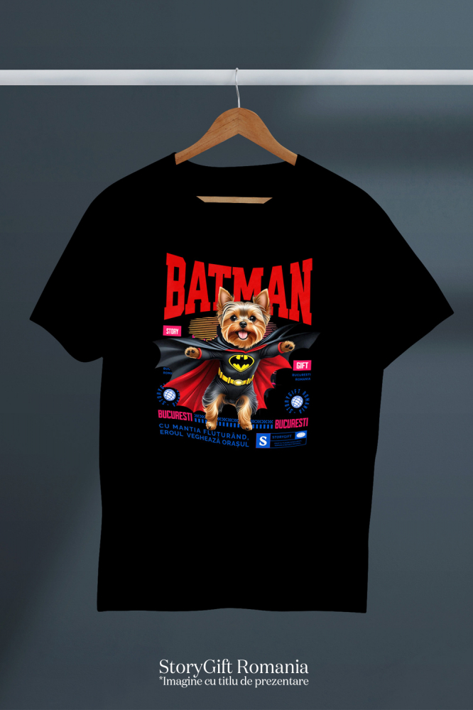 Tricou Femei, Barbati, Copii, Fata, Baiat, Unisex Personalizat Yorkshire Terrier În Costum de Batman – Câine Supererou pentru Copii și Iubitorii de Animale [3]