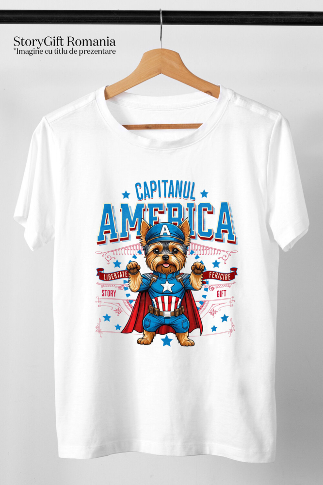 Tricou Femei, Barbati, Copii, Fata, Baiat, Unisex Personalizat Yorkshire Terrier în Costum Captain America cu Pelerină - Cadou Personalizat pentru Copii și Iubitorii de Câini [3]