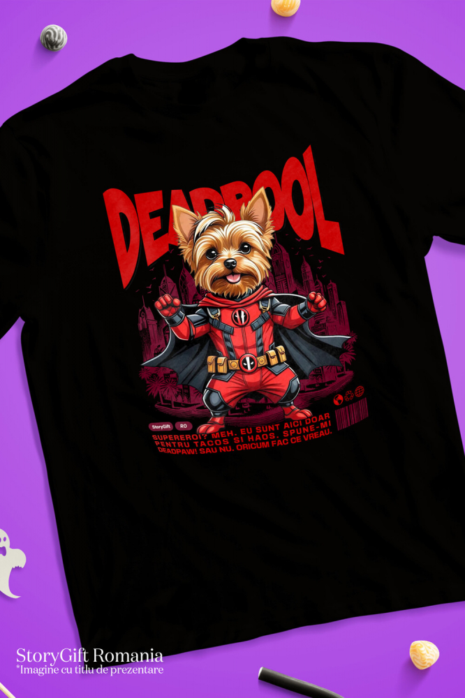 Tricou Femei, Barbati, Copii, Fata, Baiat, Unisex Personalizat Yorkshire Terrier în Costum Deadpool - Cadou Personalizat pentru Copii și Familie [3]