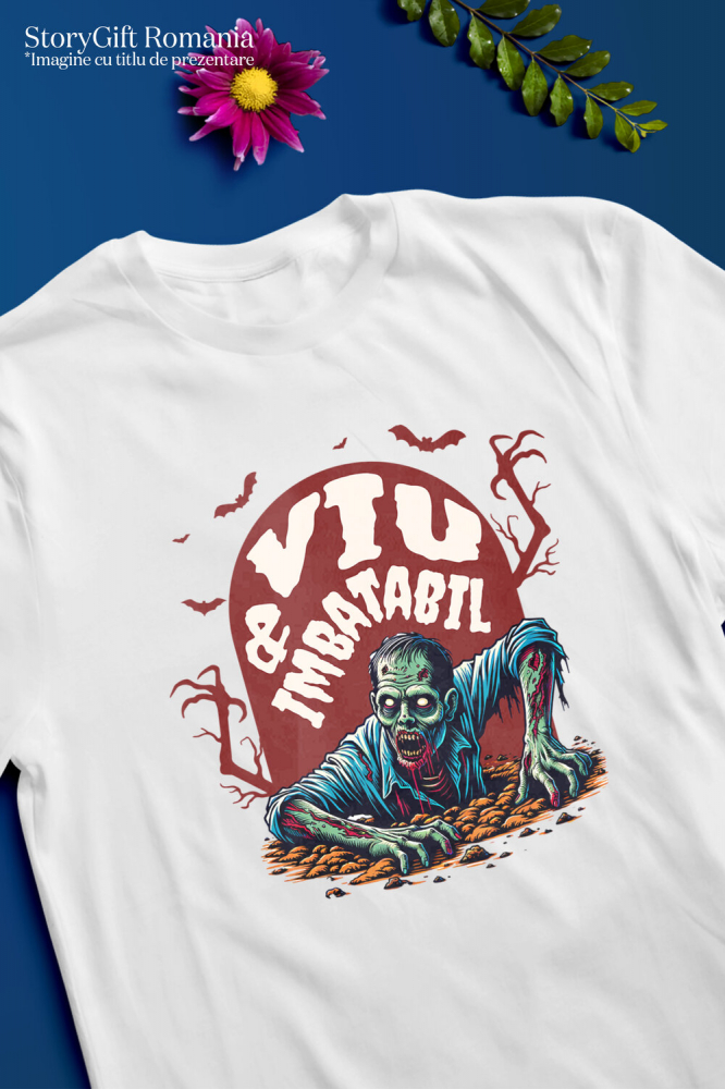 Tricou Femei, Barbati, Copii, Fata, Baiat, Unisex Personalizat Zombie Iesind Din Mormânt | Viu & Imbatabil | Cadou Halloween Tematic [3]