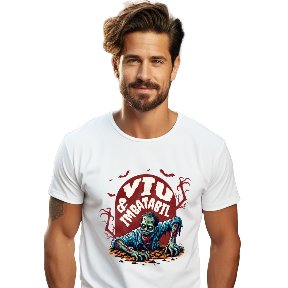 Tricou Femei, Barbati, Copii, Fata, Baiat, Unisex Personalizat Zombie Iesind Din Mormânt | Viu & Imbatabil | Cadou Halloween Tematic [1]