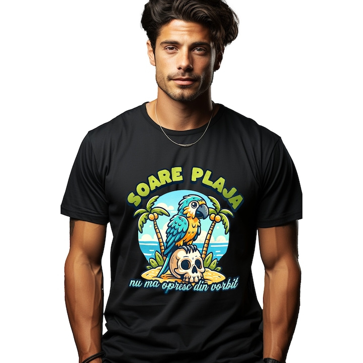 Tricou Barbati papagal pe plaja, nu ma opresc din vorbit, haios vacanta cu imprimeu pe Fata, 100% Bumbac, Negru, M [1]