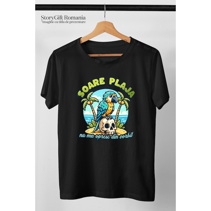 Tricou Barbati papagal pe plaja, nu ma opresc din vorbit, haios vacanta cu imprimeu pe Fata, 100% Bumbac, Negru, M [3]