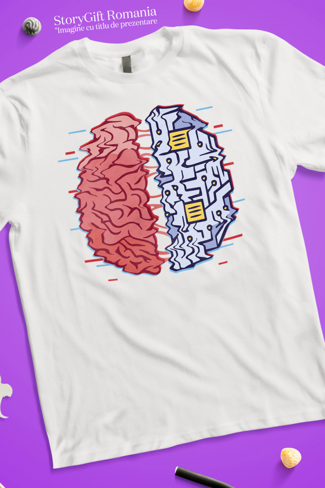 Tricou Barbati Personalizat Creier VS Computer, Placa de Baza,  cu imprimeu pe Fata, 100% Bumbac,  Alb, XS [4]