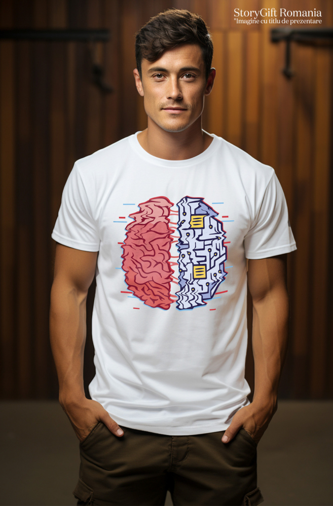 Tricou Barbati Personalizat Creier VS Computer, Placa de Baza,  cu imprimeu pe Fata, 100% Bumbac,  Alb, XS [3]