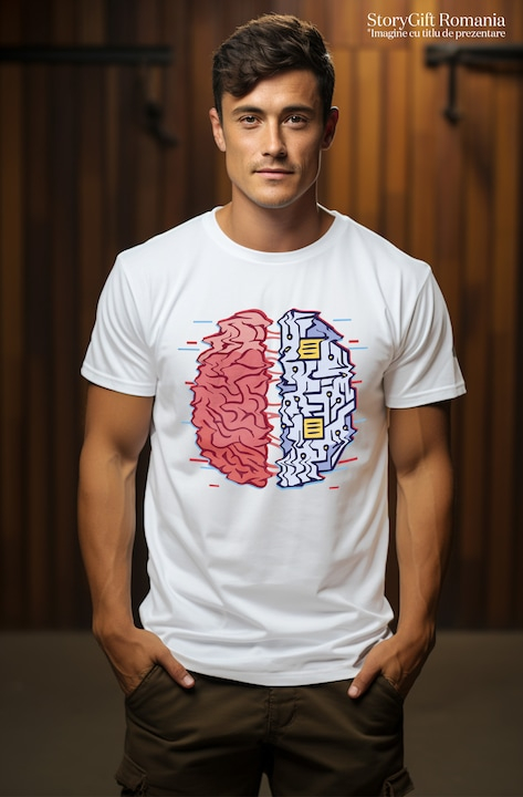 Tricou Barbati Personalizat Creier VS Computer, Placa de Baza, cu imprimeu pe Fata, 100% Bumbac, Alb, XS [2]