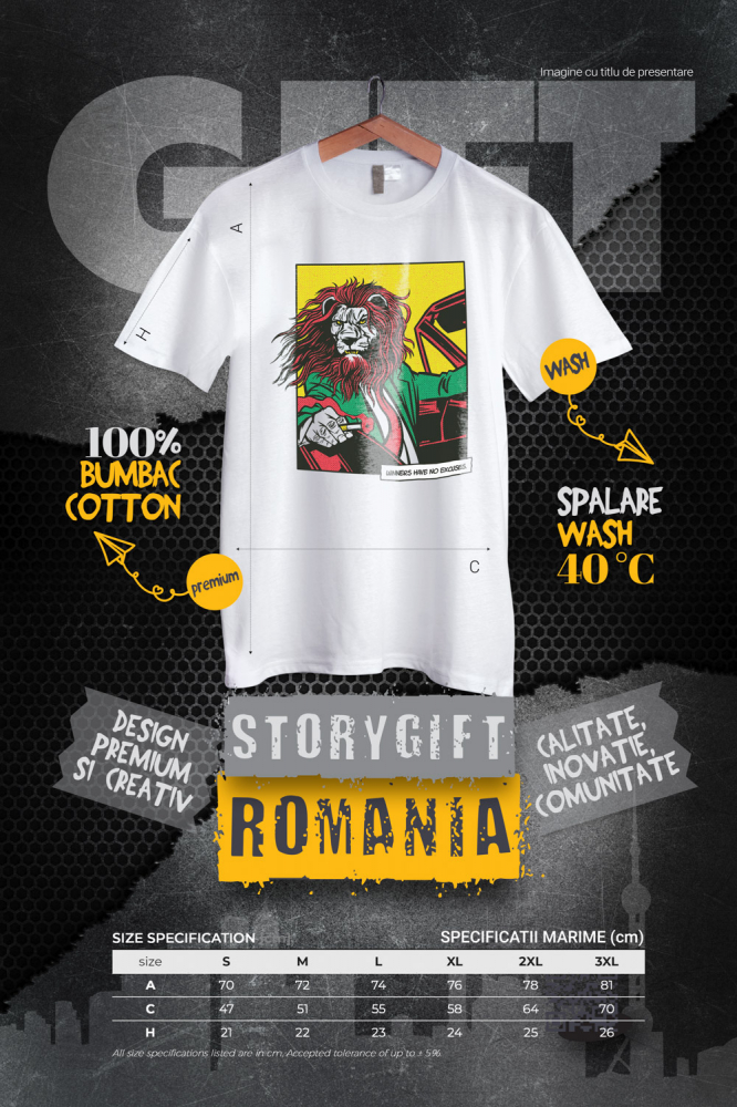 Tricou Barbati Personalizat Leu conducand o Masina cu Mesajul Motivational in Engleza Winners have No Excuses,  cu imprimeu pe Fata, 100% Bumbac,  Alb, XL [4]