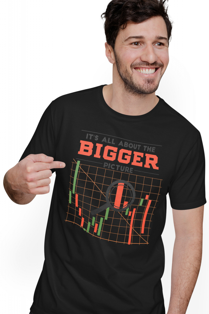 Tricou Barbati Personalizat Pentru Investitorii la Bursa pe termen Lung in Engleza It's all About the Bigger Picture, Lupa, Chart,  cu imprimeu pe Fata, 100% Bumbac, Negru, S [1]