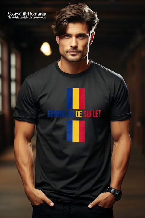 Tricou Barbati steag Romania generatia de suflet patriot cu imprimeu pe Fata, 100% Bumbac, Negru, XL [2]