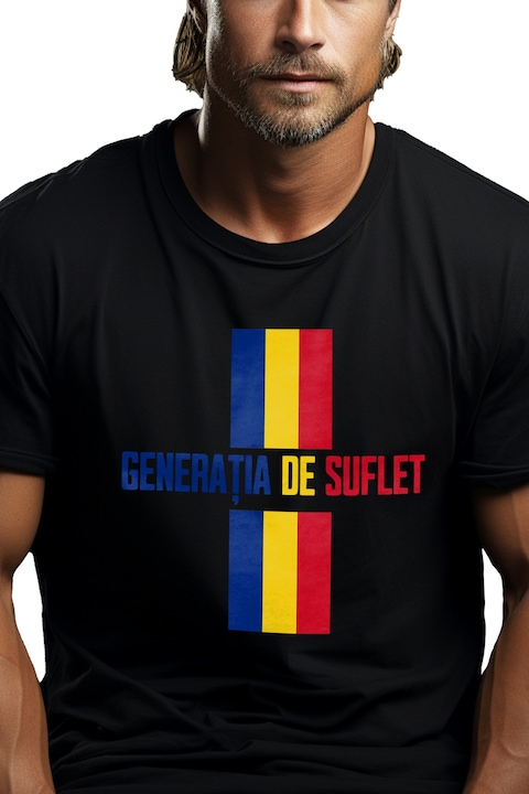 Tricou Barbati steag Romania generatia de suflet patriot cu imprimeu pe Fata, 100% Bumbac, Negru, XL [1]