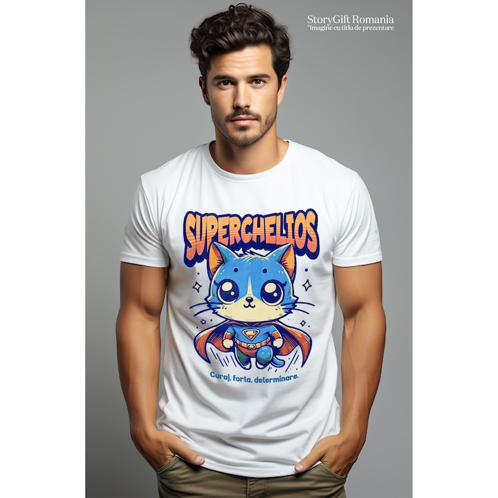 Tricou Barbati Super Chelios, SuperErou, Pisica Zburand cu imprimeu pe Fata, 100% Bumbac, Alb, XL [2]