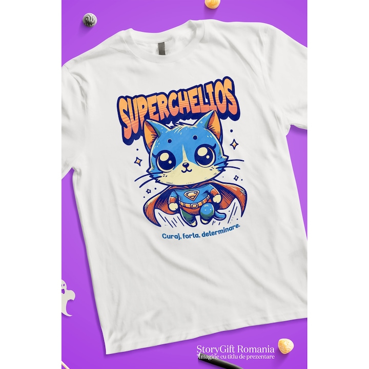 Tricou Barbati Super Chelios, SuperErou, Pisica Zburand cu imprimeu pe Fata, 100% Bumbac, Alb, XL [3]