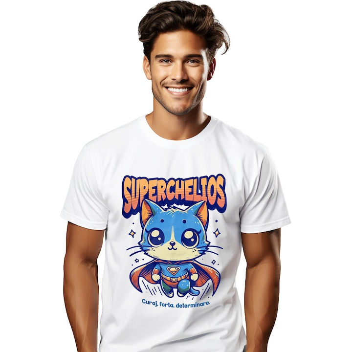 Tricou Barbati Super Chelios, SuperErou, Pisica Zburand cu imprimeu pe Fata, 100% Bumbac, Alb, XL [1]