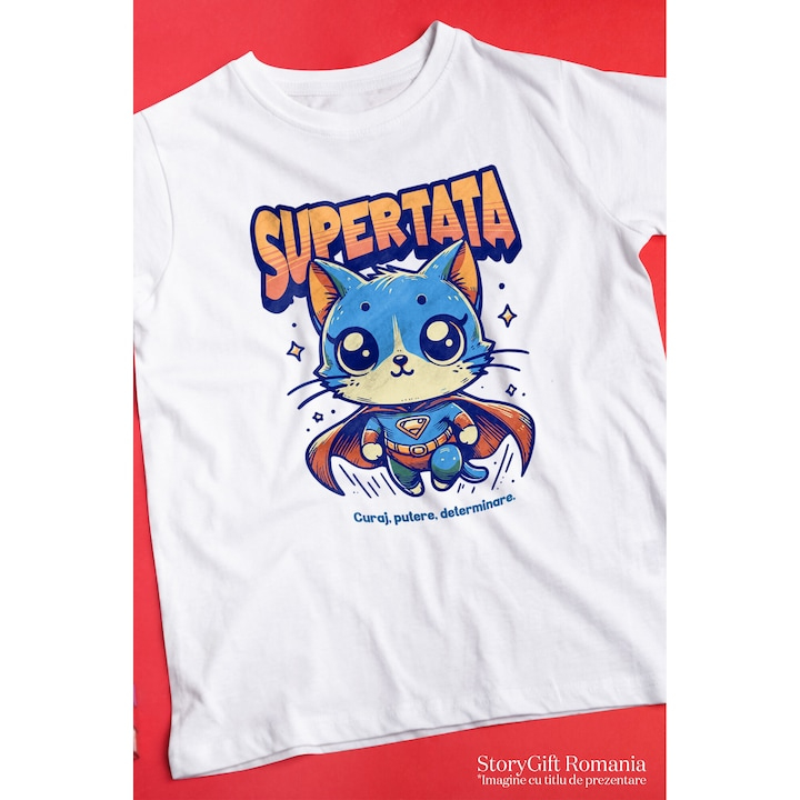 Tricou Barbati Super Tata, SuperErou, Pisica Zburand cu imprimeu pe Fata, 100% Bumbac, Alb, L [3]