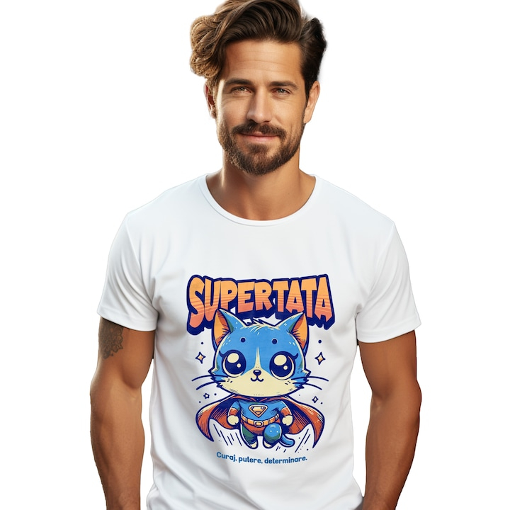 Tricou Barbati Super Tata, SuperErou, Pisica Zburand cu imprimeu pe Fata, 100% Bumbac, Alb, L [1]