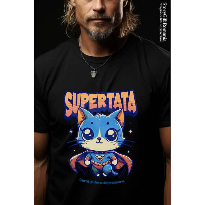 Tricou Barbati Super Tata, SuperErou, Pisica Zburand cu imprimeu pe Fata, 100% Bumbac, Negru, XL [2]