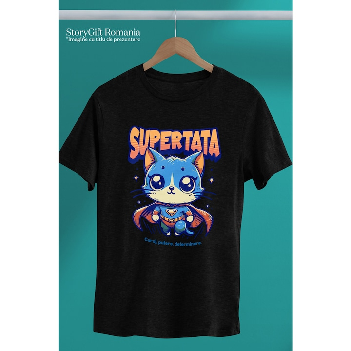Tricou Barbati Super Tata, SuperErou, Pisica Zburand cu imprimeu pe Fata, 100% Bumbac, Negru, XL [3]