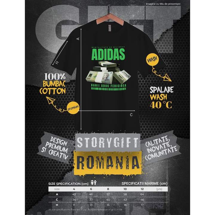 Tricou Copii Baieti _Adidas_ - Banii Aduc Fericirea 100% Bumbac, Unisex, Negru, 12 Ani, 158CM [2]