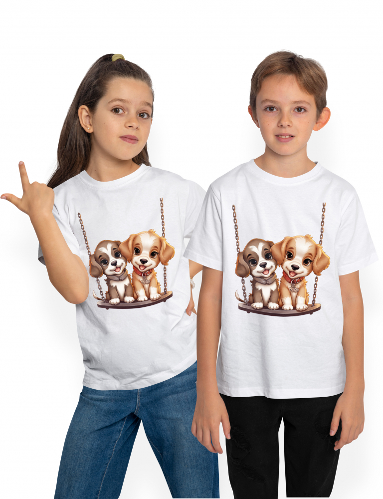 Tricou Copii cu 2 catei care se dau in leagan, ilustratie, amici, joaca, ascultatori, pentru iubitorii de caini, copilarie,  100% Bumbac, Unisex, Alb, 8 Ani, 52CM [1]