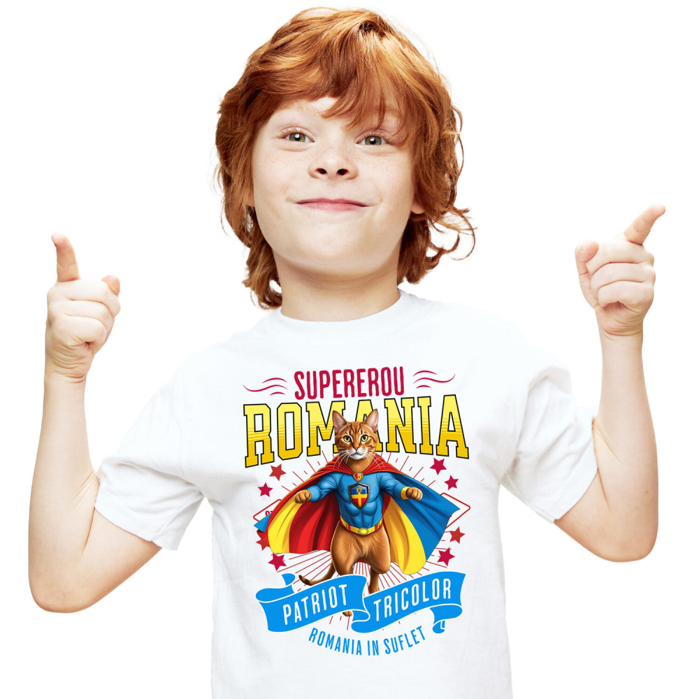 Tricou Femei, Barbati, Copii, Fata, Baiat, Unisex Personalizat Pisica Abisiniană în Costum de Căpitan România – Supererou pentru Copii și Iubitorii de Animale [2]