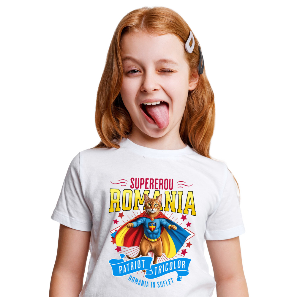 Tricou Femei, Barbati, Copii, Fata, Baiat, Unisex Personalizat Pisica Abisiniană în Costum de Căpitan România – Supererou pentru Copii și Iubitorii de Animale [2]