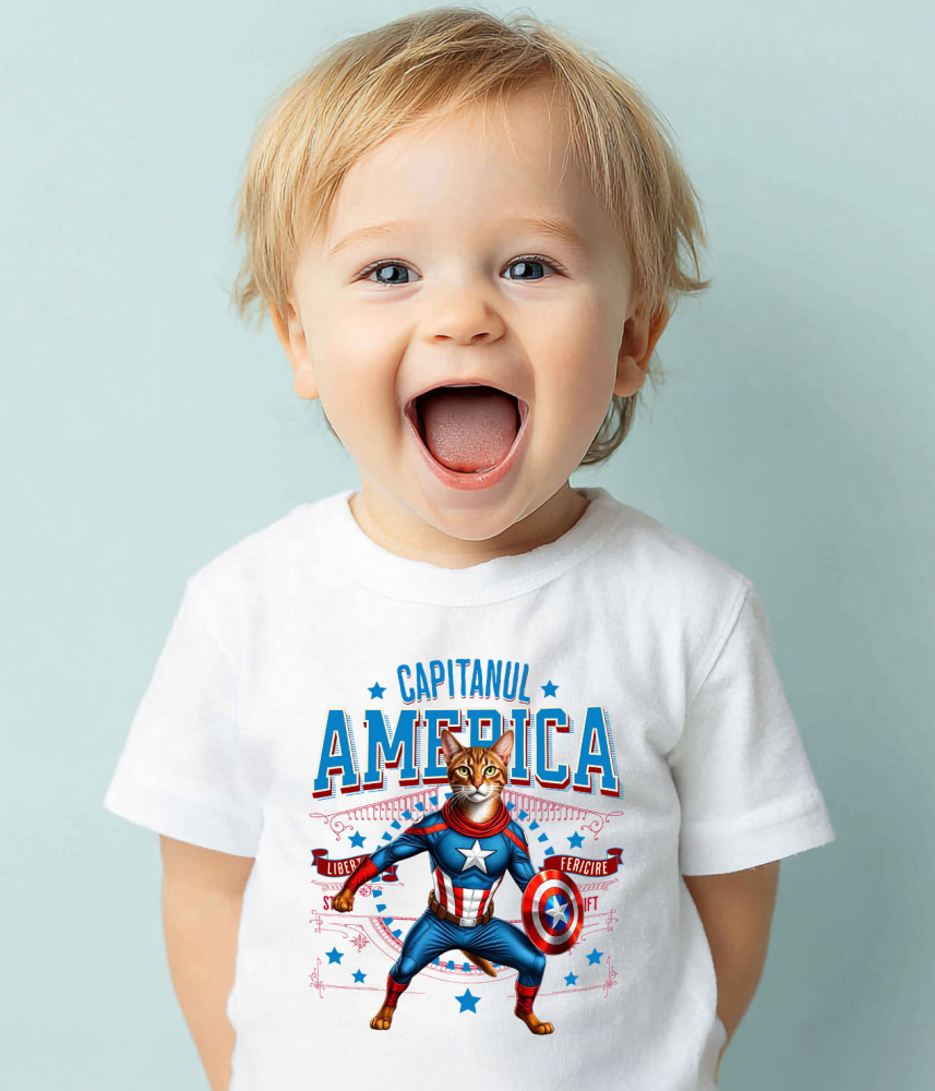 Tricou Femei, Barbati, Copii, Fata, Baiat, Unisex Personalizat Pisica Abisiniană în Costum de Captain America cu Pelerină - Cadou Personalizat pentru Copii și Iubitorii de Pisici [4]