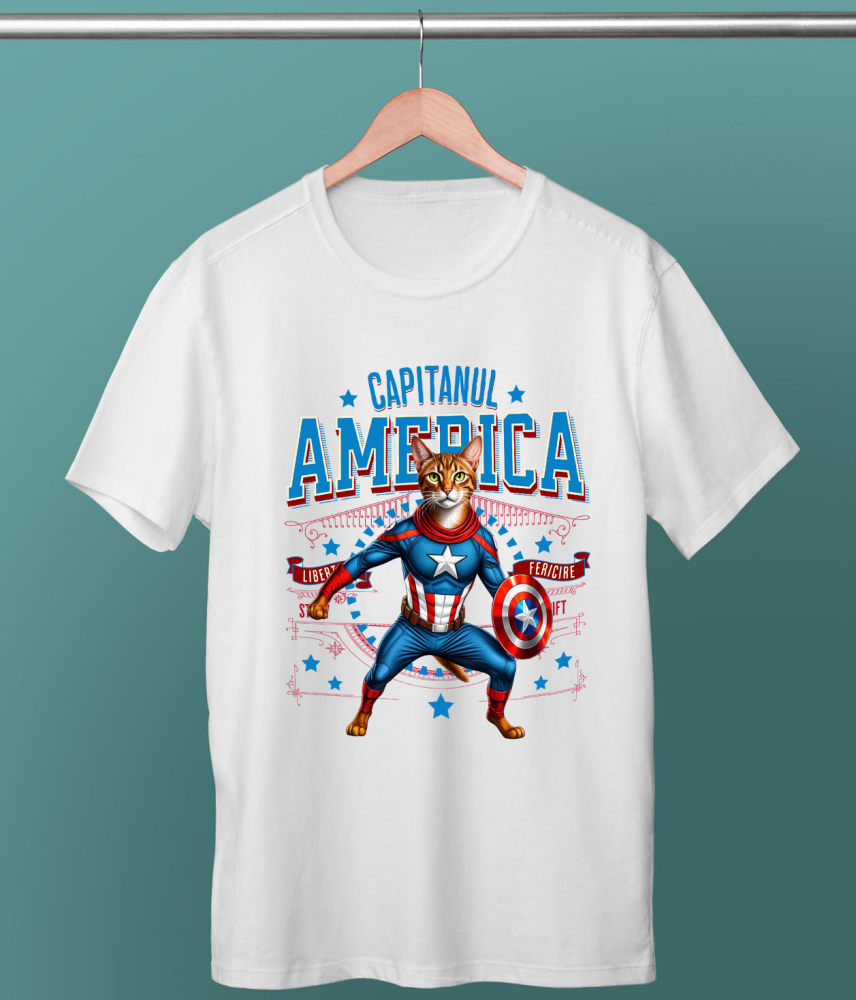Tricou Femei, Barbati, Copii, Fata, Baiat, Unisex Personalizat Pisica Abisiniană în Costum de Captain America cu Pelerină - Cadou Personalizat pentru Copii și Iubitorii de Pisici [5]