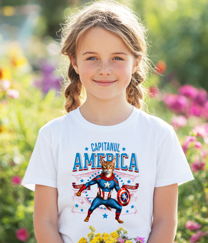 Tricou Femei, Barbati, Copii, Fata, Baiat, Unisex Personalizat Pisica Abisiniană în Costum de Captain America cu Pelerină - Cadou Personalizat pentru Copii și Iubitorii de Pisici [3]