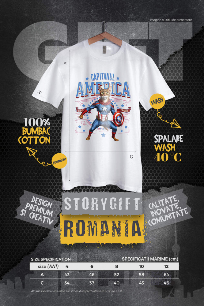 Tricou Femei, Barbati, Copii, Fata, Baiat, Unisex Personalizat Pisica Abisiniană în Costum de Captain America cu Pelerină - Cadou Personalizat pentru Copii și Iubitorii de Pisici [4]