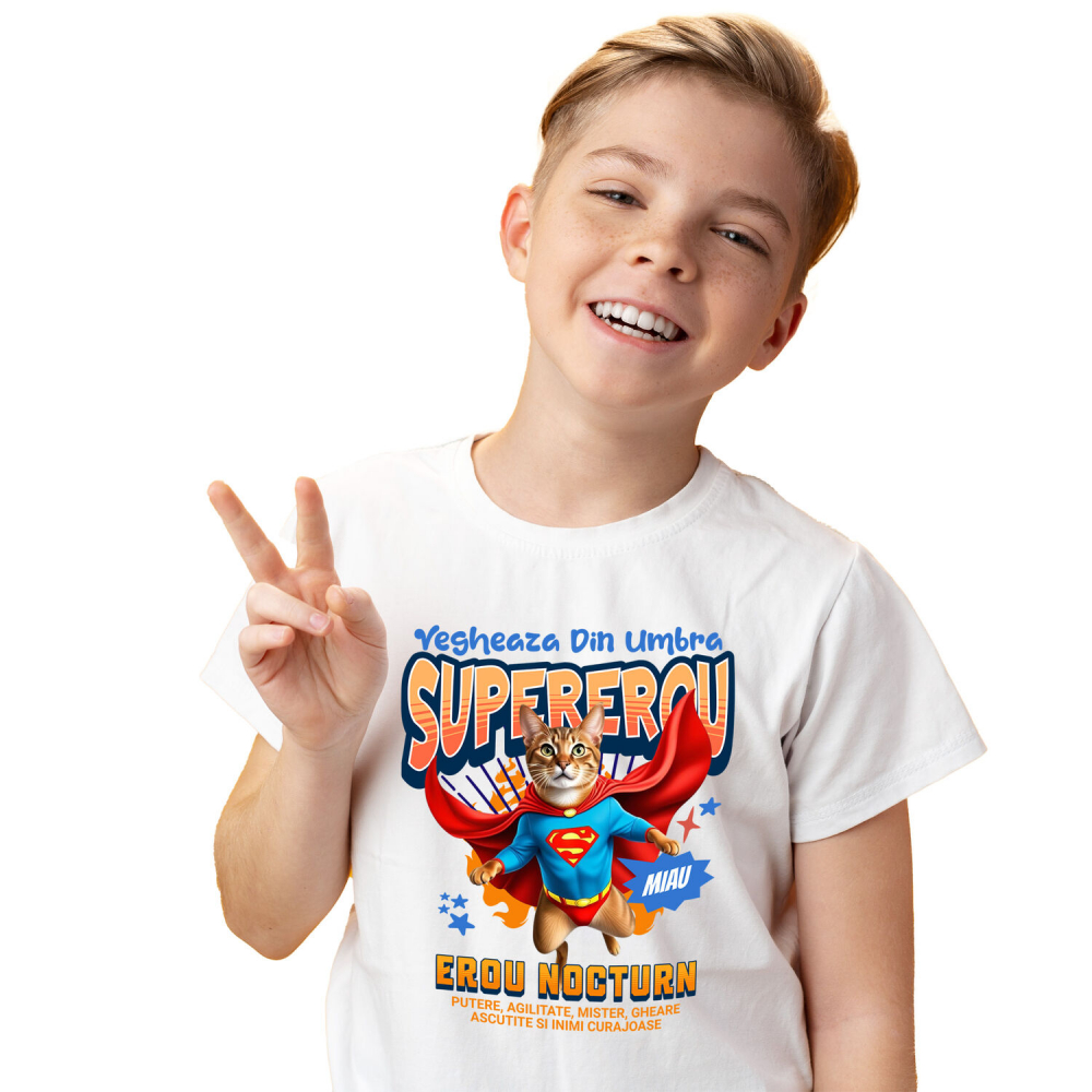 Tricou Femei, Barbati, Copii, Fata, Baiat, Unisex Personalizat Pisică Abyssinian Supererou – Design Personalizat pentru Iubitorii de Animale și Familie [1]