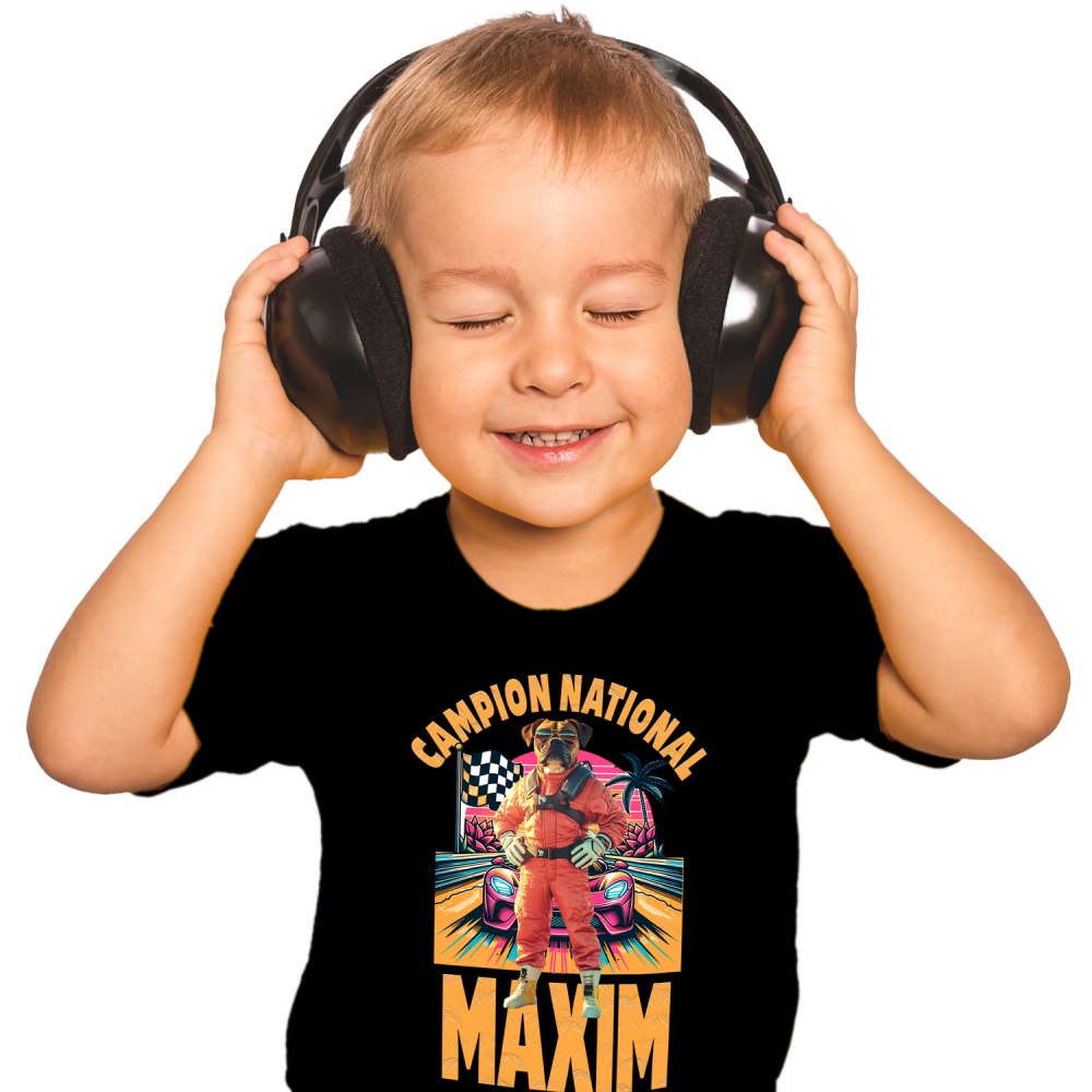 Tricou Copii cu Animal Campion la Cursele cu Masini, Peronalizata cu Numele si Poza Animalului Tau cu imprimeu pe Fata, 100% Bumbac, Negru, 8 Ani [1]