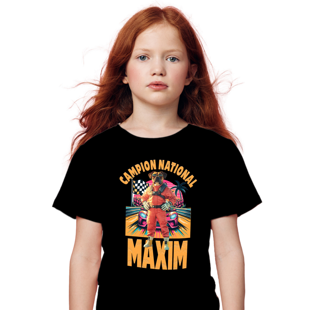 Tricou Copii cu Animal Campion la Cursele cu Masini, Peronalizata cu Numele si Poza Animalului Tau cu imprimeu pe Fata, 100% Bumbac, Negru, 8 Ani [2]