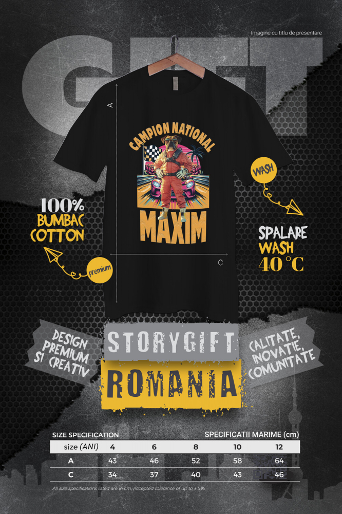 Tricou Copii cu Animal Campion la Cursele cu Masini, Peronalizata cu Numele si Poza Animalului Tau cu imprimeu pe Fata, 100% Bumbac, Negru, 8 Ani [4]