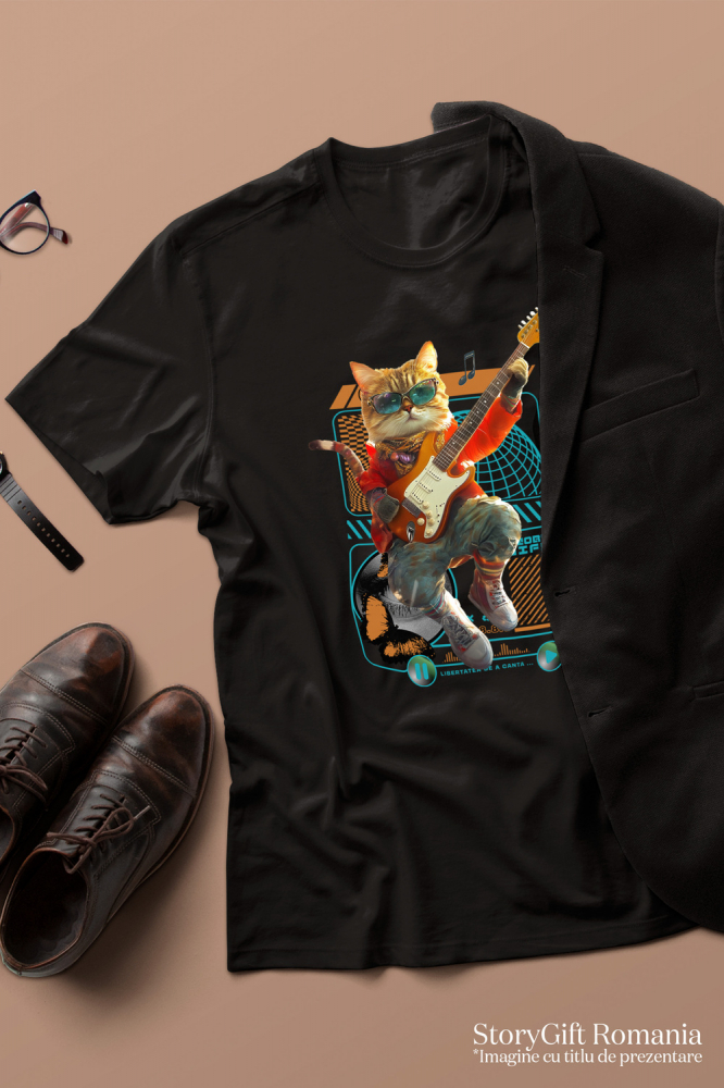 Tricou Copii cu Animal Cantand la Chitara, Peronalizata cu Numele si Poza Animalului Tau cu imprimeu pe Fata, 100% Bumbac, Negru, 6 Ani [3]