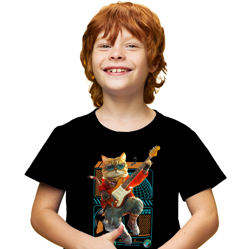 Tricou Copii cu Animal Cantand la Chitara, Peronalizata cu Numele si Poza Animalului Tau cu imprimeu pe Fata, 100% Bumbac, Negru, 6 Ani [1]