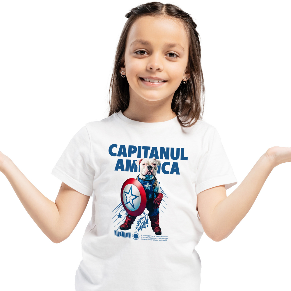 Tricou Copii cu Animal Capitanul America, Peronalizata cu Numele si Poza Animalului Tau cu imprimeu pe Fata, 100% Bumbac, Alb, 8 Ani [2]