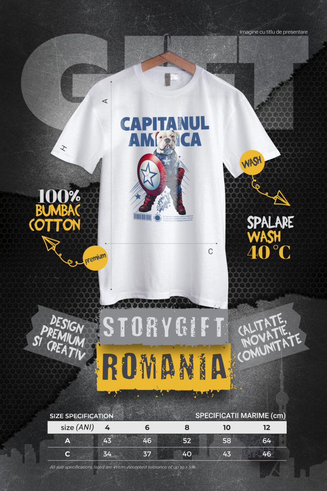 Tricou Copii cu Animal Capitanul America, Peronalizata cu Numele si Poza Animalului Tau cu imprimeu pe Fata, 100% Bumbac, Alb, 8 Ani [4]