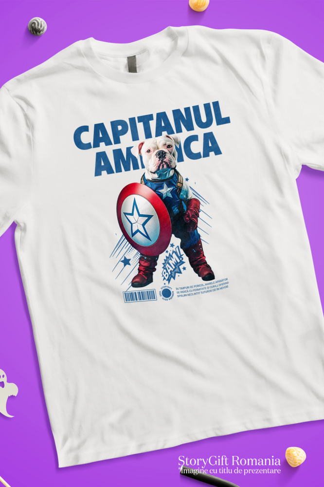 Tricou Copii cu Animal Capitanul America, Peronalizata cu Numele si Poza Animalului Tau cu imprimeu pe Fata, 100% Bumbac, Alb, 8 Ani [3]