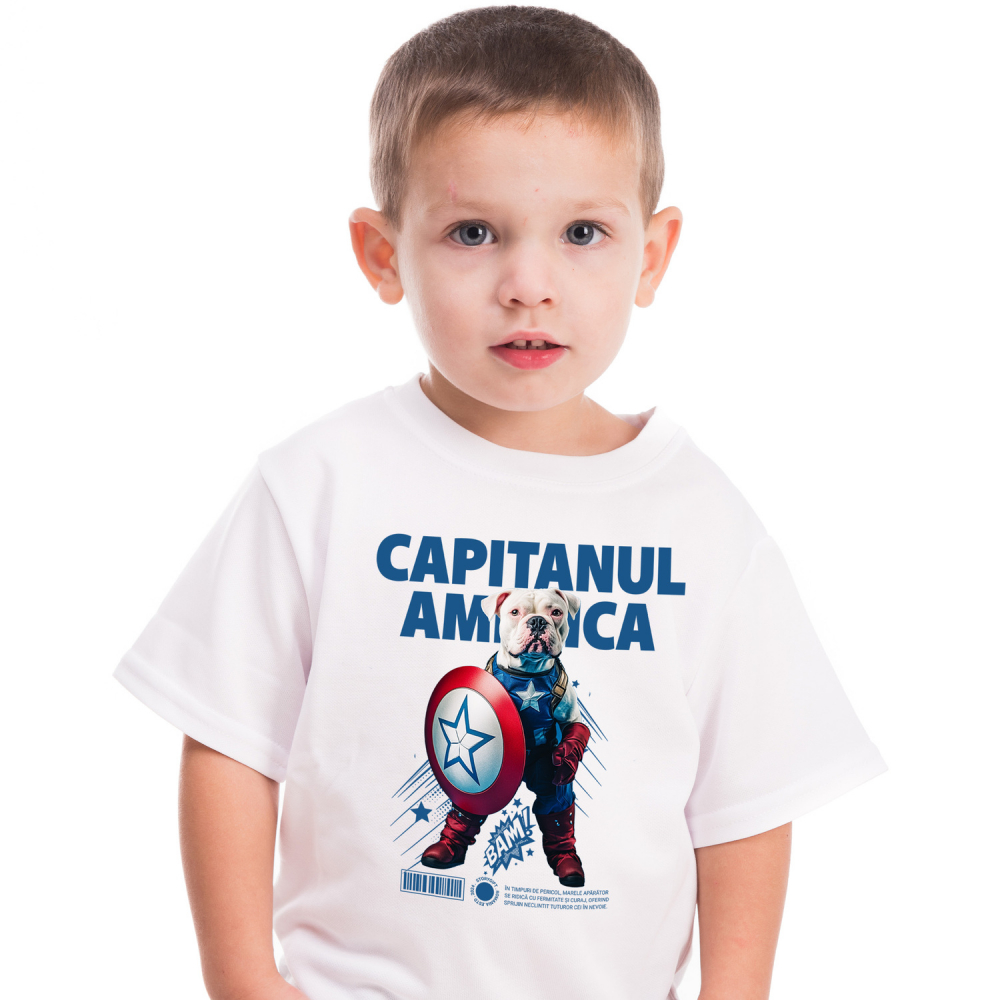 Tricou Copii cu Animal Capitanul America, Peronalizata cu Numele si Poza Animalului Tau cu imprimeu pe Fata, 100% Bumbac, Alb, 8 Ani [1]