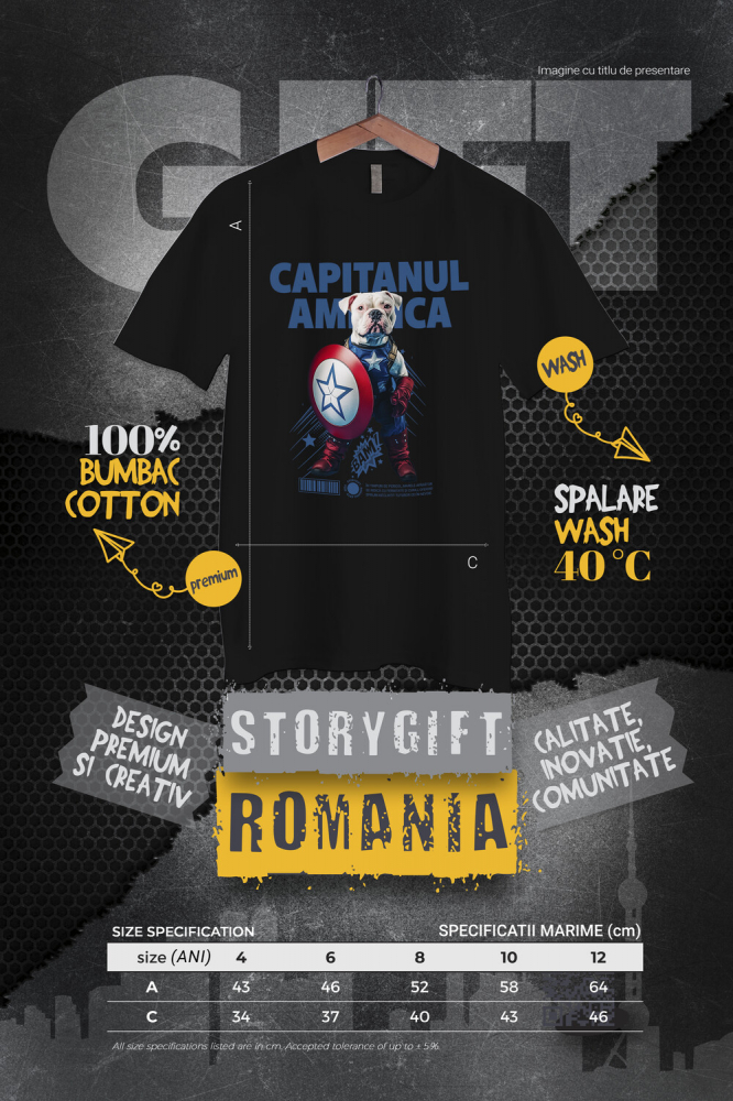 Tricou Copii cu Animal Capitanul America, Peronalizata cu Numele si Poza Animalului Tau cu imprimeu pe Fata, 100% Bumbac, Negru, 10 Ani [4]
