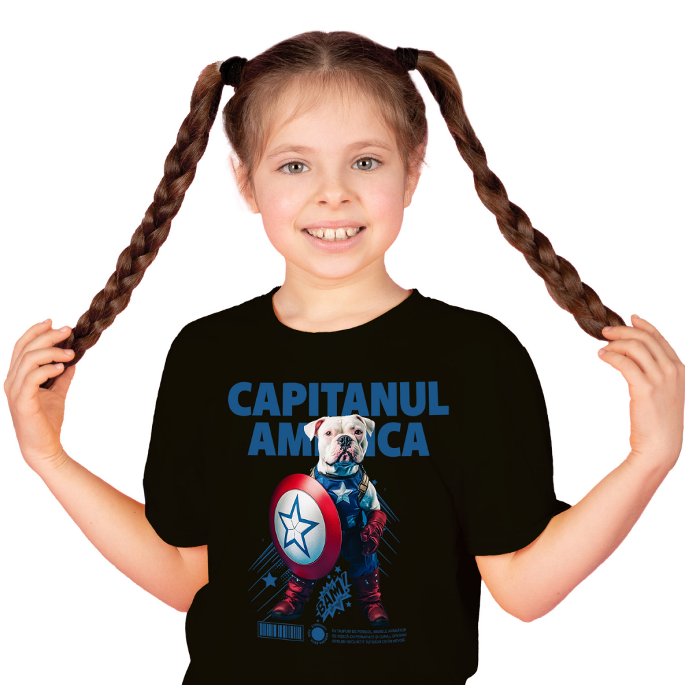 Tricou Copii cu Animal Capitanul America, Peronalizata cu Numele si Poza Animalului Tau cu imprimeu pe Fata, 100% Bumbac, Negru, 10 Ani [2]