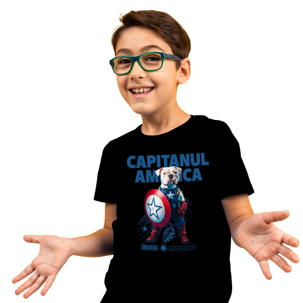 Tricou Copii cu Animal Capitanul America, Peronalizata cu Numele si Poza Animalului Tau cu imprimeu pe Fata, 100% Bumbac, Negru, 10 Ani [1]