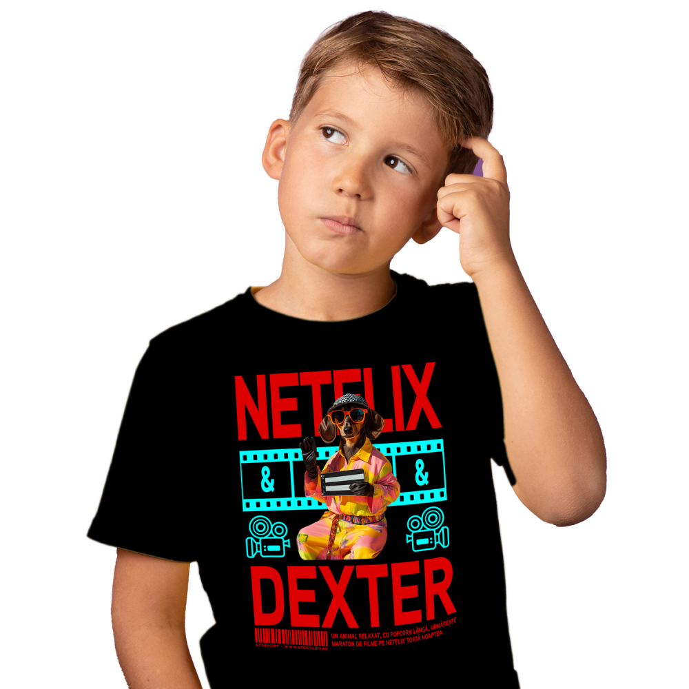 Tricou Copii cu Animal Cinefil, Peronalizata cu Numele si Poza Animalului Tau cu imprimeu pe Fata, 100% Bumbac, Negru, 10 Ani [1]